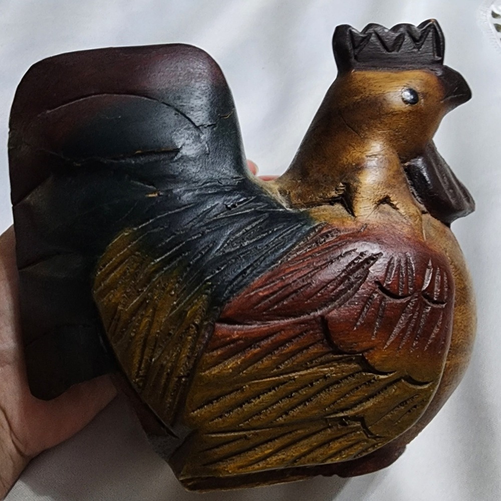 Vintage Hand Carved Wooden Rooster Figurine Rustic Farmhouse Folk Art Decor